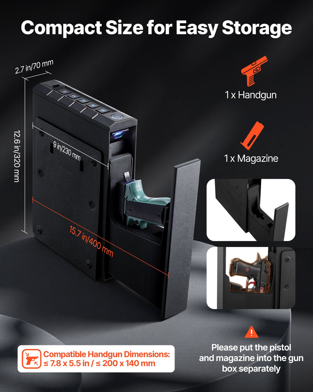Gun Safe, Slider Handgun Gun Safe with Fingerprint/Password/Key, 3-Way Quick Access Firearm Case Box with Lighting for 1 Pistol & Magazine, Mounted Pistol Gun Box for Nightstand Bedside Desk Car