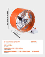 VEVOR 380 mm Gable Mount Fan 1650 CFM Attic Vent Fan with Adjustable Thermostat