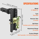 VEVOR Adjustable Trailer Hitch, 25.4 cm Drop & 21.59 cm Rise Hitch Ball Mount with 5.08 cm Receiver, Solid Tube, 6350 kgs GTW, 5.08 cm & 5.08-0.79 cm 45# Steel Tow Balls with Key Lock for Truck Towing - Close-Up Angle