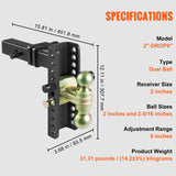 VEVOR Adjustable Trailer Hitch, 203.2 mm Drop & 165.1 mm Rise Hitch Ball Mount with 50.8 mm Receiver, Solid Tube, 6350 kg GTW, 50.8 m and 58.7 mm 45# Steel Tow Balls with Key Lock for Truck Towing - Close-Up Angle