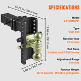 VEVOR Adjustable Trailer Hitch, 203.2 mm Drop & 165.1 mm Rise Hitch Ball Mount with 63.5 mm Receiver, Solid Tube, 6577 kg GTW, 50.8 mm & 58.7 mm 45# Steel Tow Balls with Key Lock for Truck Towing - Close-Up Angle