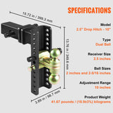 VEVOR Adjustable Trailer Hitch, 25 cm Drop & 21.59 cm Rise Hitch Ball Mount with 6.35 cm Receiver Solid Tube, 6577 kgs GTW, 5.08 cm & 5.08-0.79 cm 45# Steel Tow Balls with Key Lock for Truck Towing - Close-Up Angle