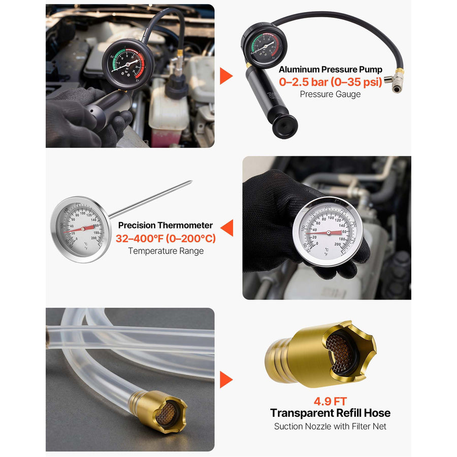 Coolant Pressure Tester Kit, 47Pcs Radiator Vacuum Refill Kit with 3 Metal Adapters, Universal Fit, Automotive Cooling System Pressure Tester Tool, with Pressures Pump & Plastic Filler