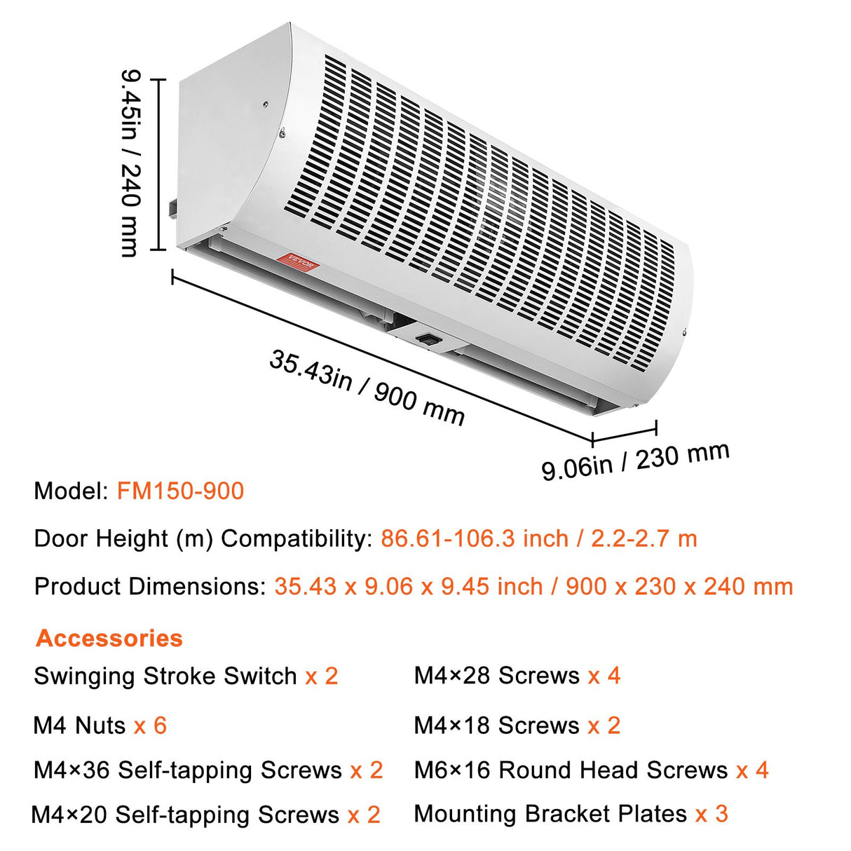 VEVOR 0.9m Commercial Indoor Air Curtain Super Power 2 Speeds 2038m?/h, UL Certified Wall Mounted Air Curtains for Doors, Indoor Over Door Fan with