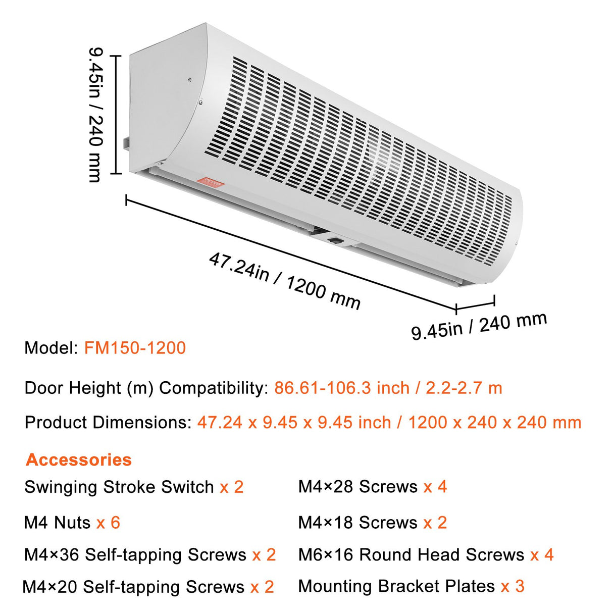 VEVOR 1.2m Commercial Indoor Air Curtain Super Power 2 Speeds 2802m_/h, UL Certified Wall Mounted Air Curtains for Doors, Indoor Over Door Fan with
