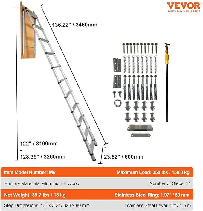 VEVOR Attic Ladder Telescoping, 158.76kg Capacity, 100cm x 59.94cm,Multi-Purpose Aluminium Extension, Lightweight and Portable,Fits298.7cm-