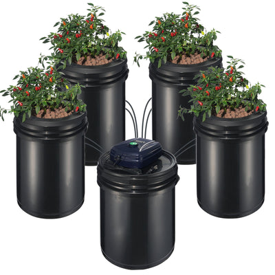 RDWC Hydroponics Grow System, Hydroponic Growing Kit with Top Drip, Recirculating Deep Water Culture 4 Buckles and 1 Reservoir, with Air Pump and Water Level Device for Leafy Vegetables