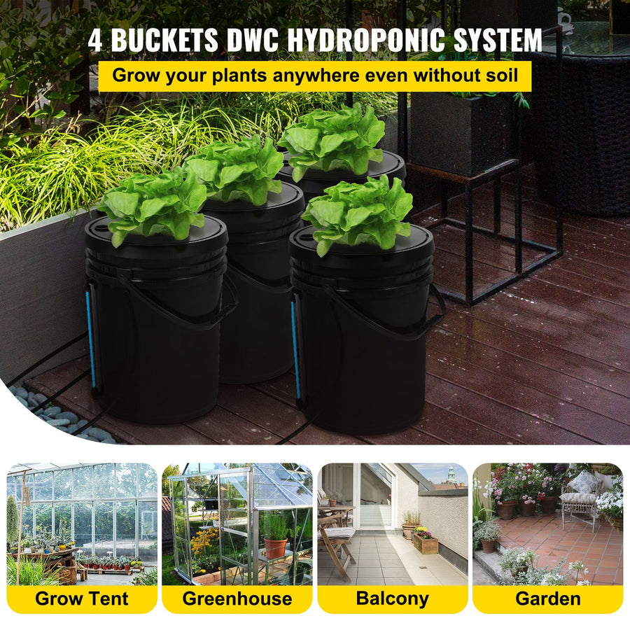 DWC Hydroponics Grow System, Hydroponic Growing System, Deep Water Culture 5-Gallon 4 Buckets, DWC System with Air Pump, Air Stones and Water Level Device for Leafy Vegetables