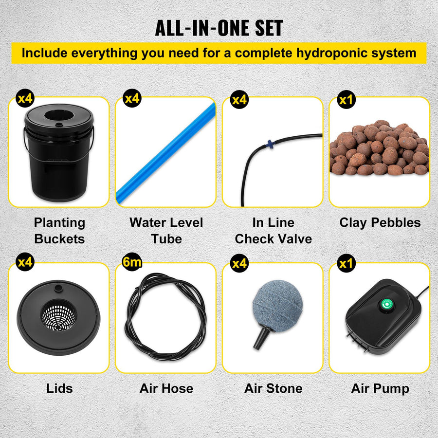 DWC Hydroponics Grow System, Hydroponic Growing System, Deep Water Culture 5-Gallon 4 Buckets, DWC System with Air Pump, Air Stones and Water Level Device for Leafy Vegetables