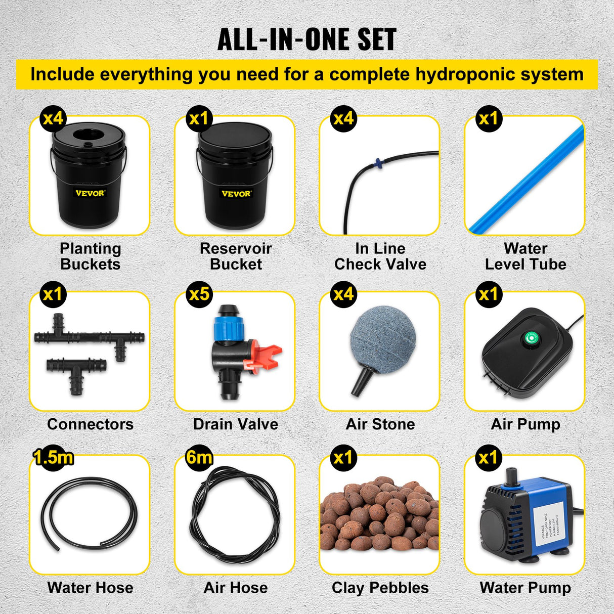 VEVOR DWC Hydroponic System, 5 Gallon 5 Buckets, Deep Water Culture Growing Bucket, Hydroponics Grow Kit with Pump, Air Stone and Connected Reservoir, for Indoor/Outdoor Leafy Vegetables