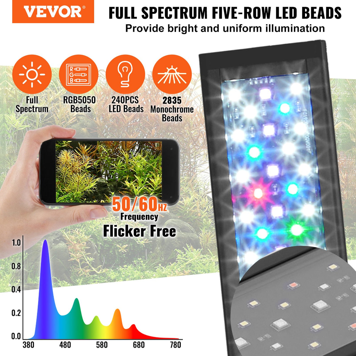 VEVOR Aquarium Light, 48W Full Spectrum Fish Tank Light with 24/7 Natural Mode, Adjustable Timer & 5-Level Brightness, with Aluminum Alloy Shell Extendable Brackets for 48"-54" Freshwater Planted Tank