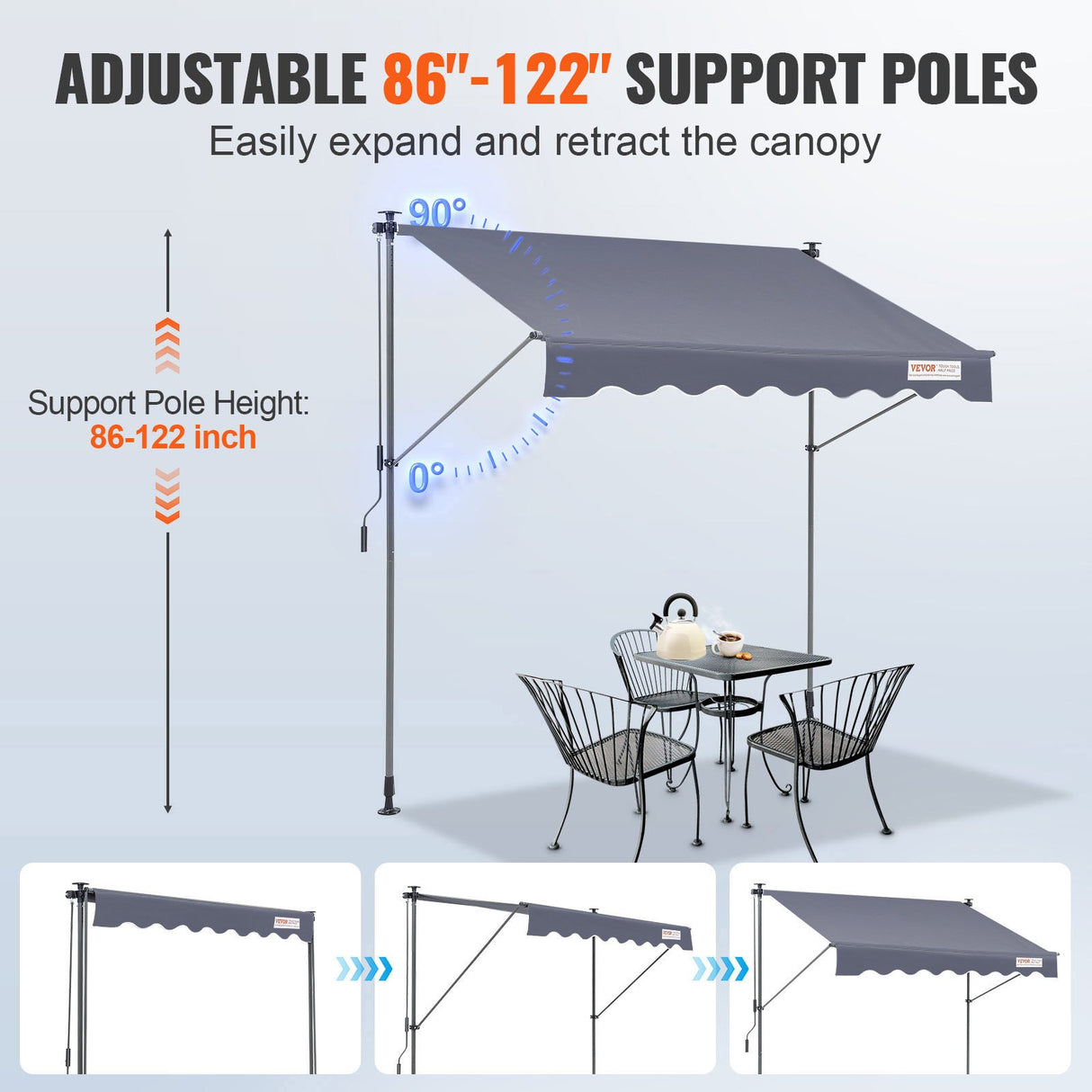 VEVOR Manual Retractable Awning, 3m Outdoor Retractable Patio Awning Sunshade Shelter, Adjustable Patio Door Window Awning Canopy with 39" Sun Shade Curtain for Backyard, Garden, Balcony