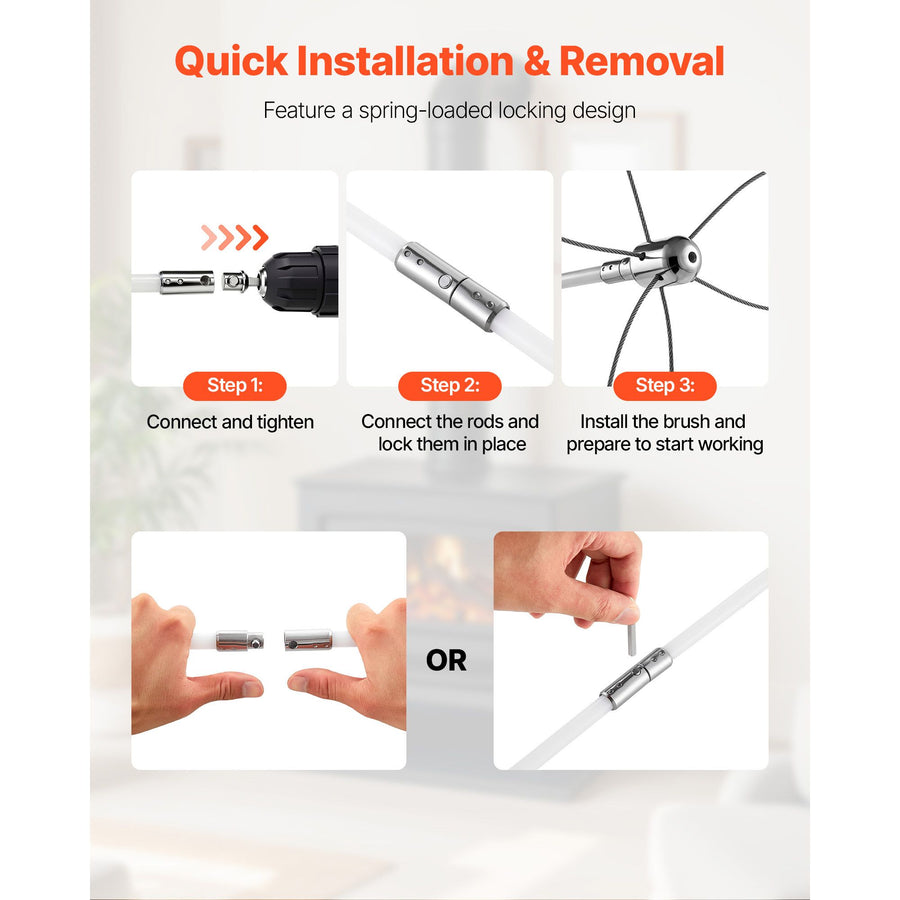 Chimney Sweep Kit, 7m Maximum Extendable Length Chimney Brush, Chimney Cleaner Sweeper with Dual Brush Heads, Brush & Goggles, Fireplace Cleaning Tool for Square, Rectangle, Arch Chimneys