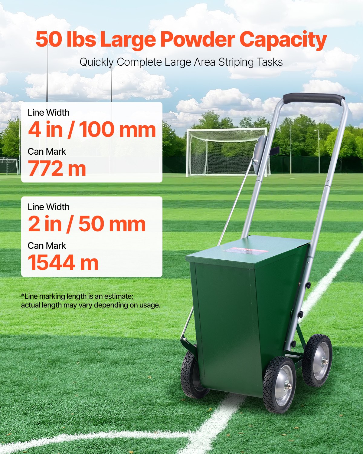 VEVOR Dry Line Marker 4-Wheel 50 or 100 mm Lines Heavy Duty Steel Chalker 22.7kg
