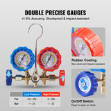VEVOR AC Gauge Set - 3 Way AC Manifold Gauge Set for R134A R22 R12 R502 Refrigerant, Freon Gauges with 5ft Hoses, Couplers, Can Tap Works on Car Auto Freon Charging and Evacuation - 45-Degree Angle