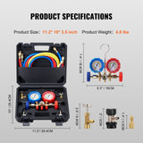 VEVOR AC Gauge Set - 3 Way AC Manifold Gauge Set for R134A R22 R12 R502 Refrigerant, Freon Gauges with 5ft Hoses, Couplers, Can Tap Works on Car Auto Freon Charging and Evacuation - Close-Up Angle