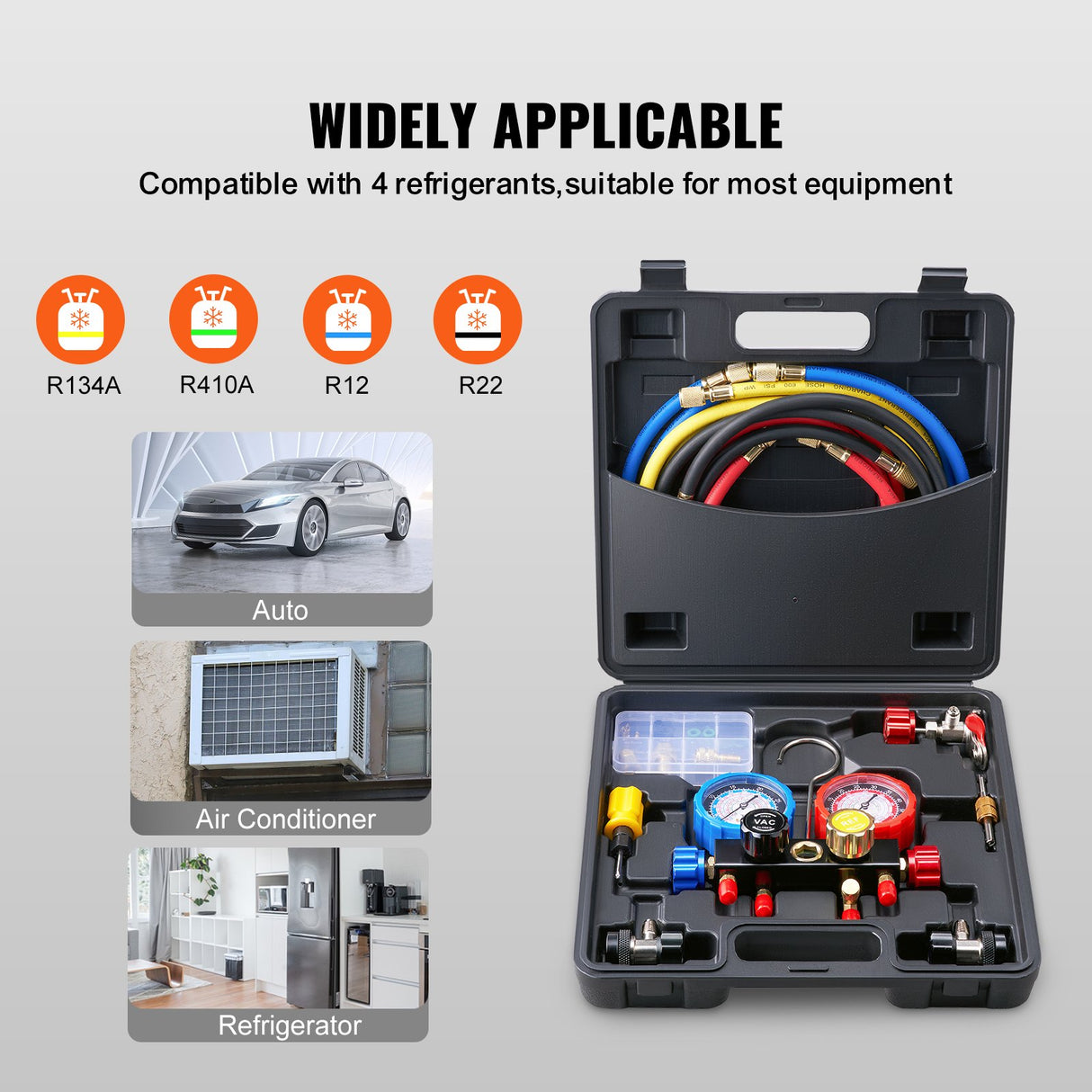 VEVOR AC Manifold Gauge Set 4-Way Fit R134A R22 R12 R502 Refrigeration Charging