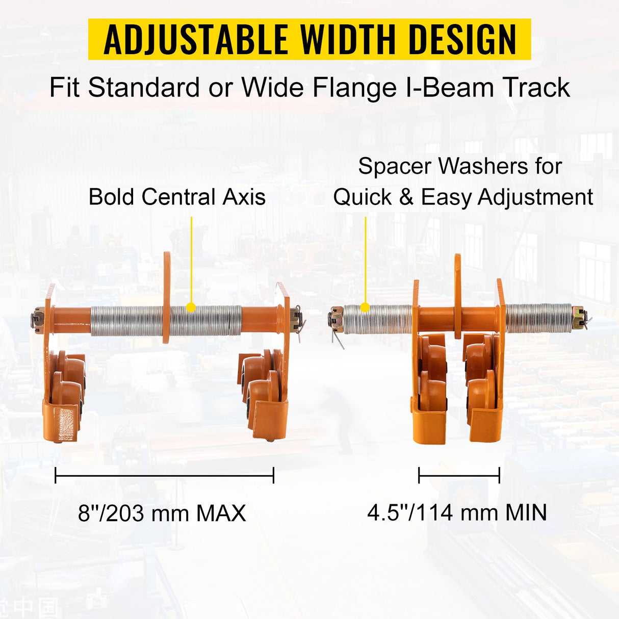 VEVOR Manual Trolley 11000LBS/5 Ton Load Capacity Beam Trolley 4.5-8 inch Adjustable Width Push Beam Track Roller Trolley Powder Coating with Dual Wheels Garage Hoist for Straight Curved I Beam