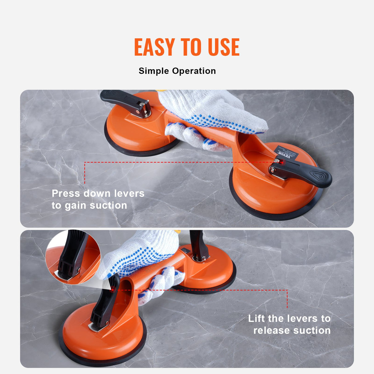 VEVOR Glass Suction Cup, 119 mm 2 Pack 150 kg Load Capacity, Vacuum Suction Cup with Aluminum Handle, Heavy Duty Industrial Suction Cup Lifter Tool for Glass, Granite, Tile, Metal, Wood Panel Lifting
