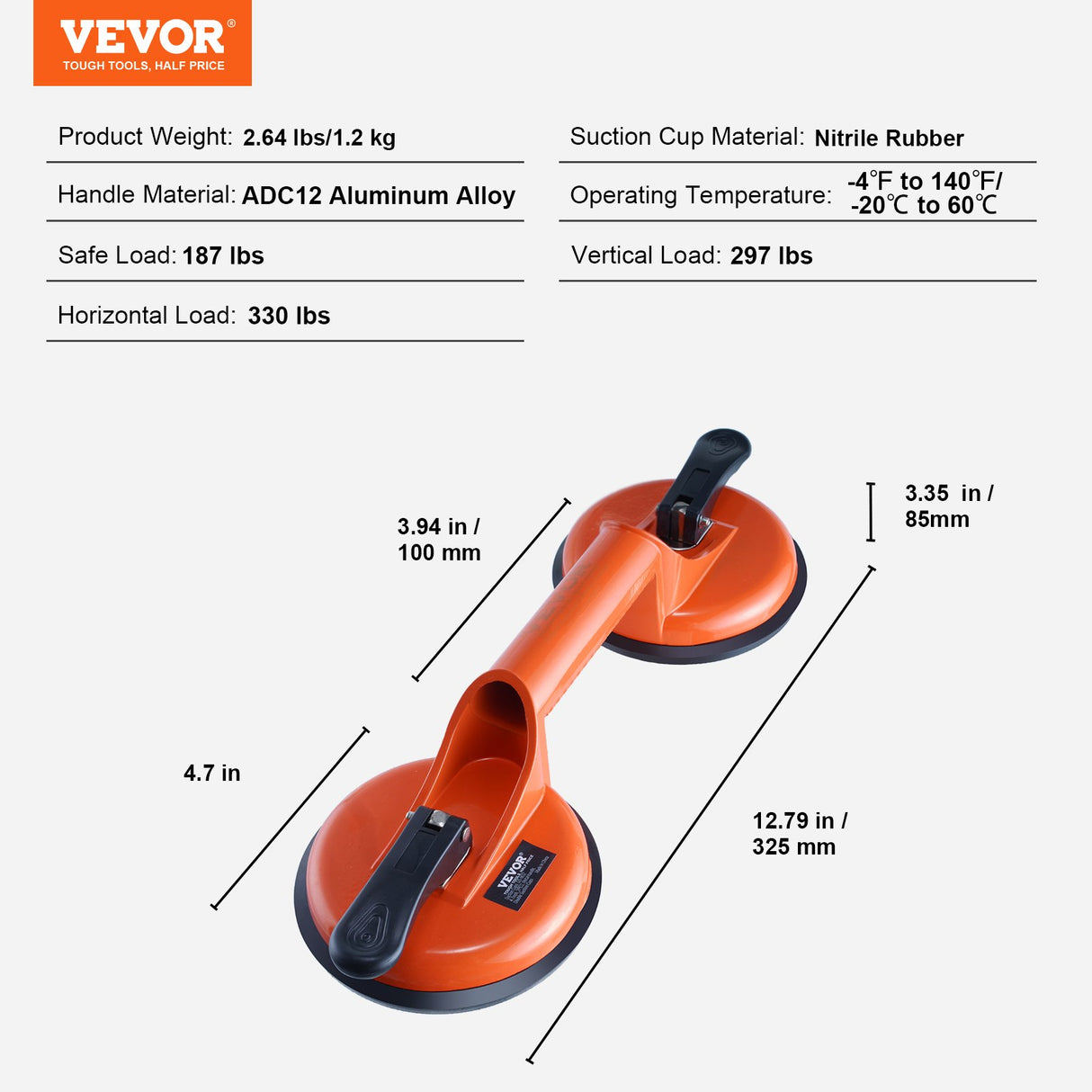 VEVOR Glass Suction Cup, 119 mm 2 Pack 150 kg Load Capacity, Vacuum Suction Cup with Aluminum Handle, Heavy Duty Industrial Suction Cup Lifter Tool