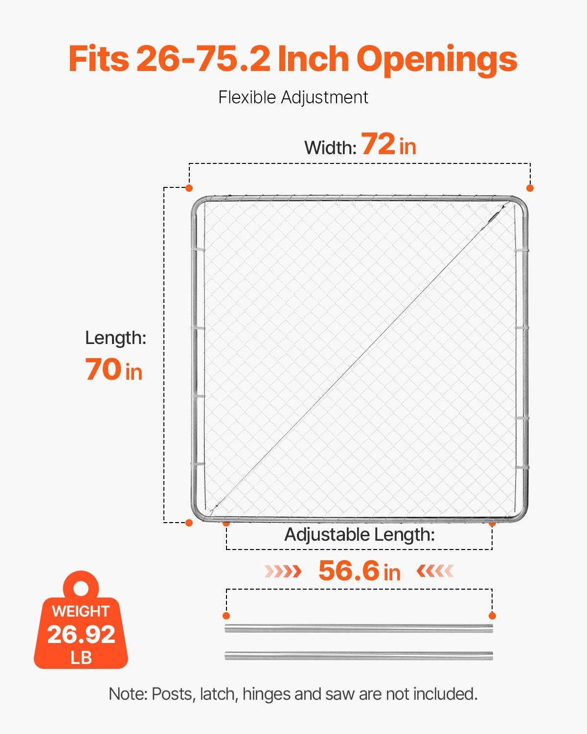 VEVOR Chain Link Fence Gate, 70 x 72 in, Adjustable Chain Link Fence Panel, Fit 3 ft (W) x 4 ft (H) Garden Fence Gate Opening, Rust-Resistant Galvanized Fencing Gate for Farm Posts Not Included
