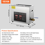 VEVOR Ultrasonic Cleaner with Digital Timer & Heater, Professional Ultra Sonic Jewelry Cleaner, Stainless Steel Heated Cleaning Machine for Glasses Watch Rings Small Parts Circuit Board (6L) - Close-Up Angle