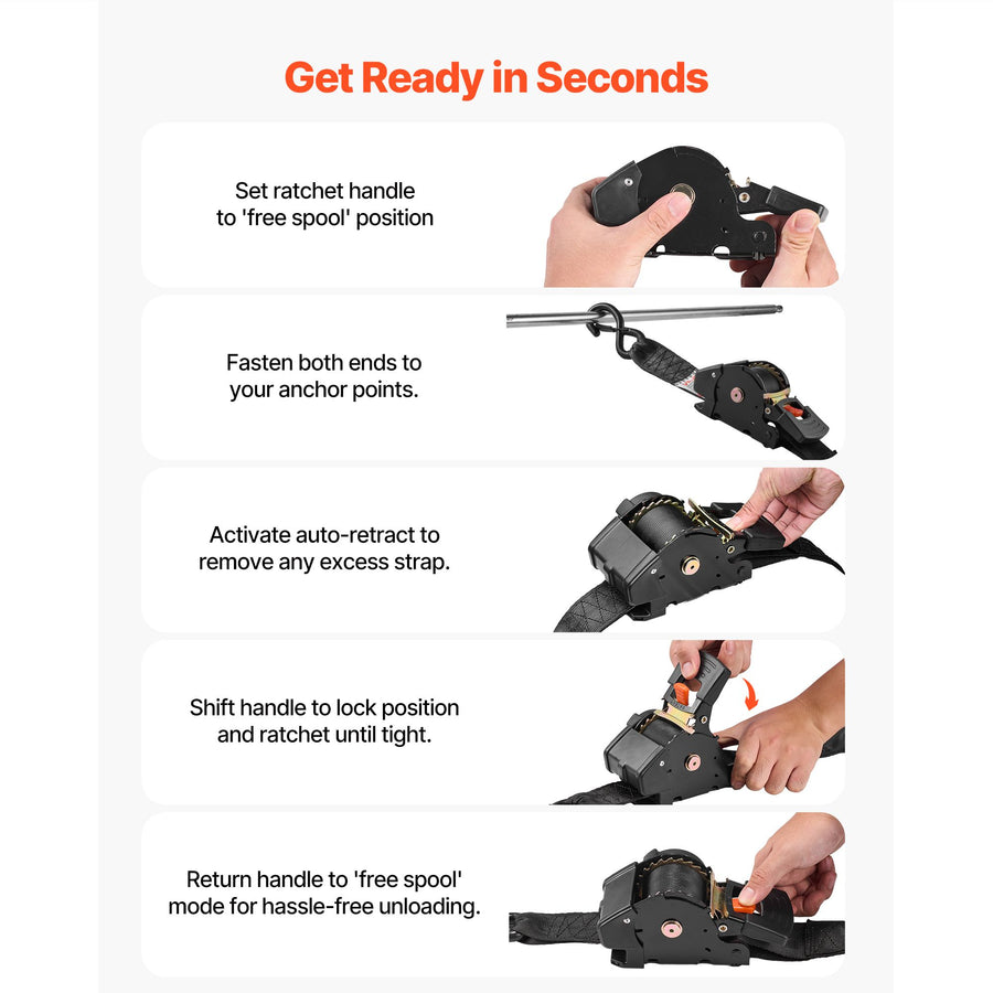 Retractable Ratchet Straps, 50.8 mm x 3 m, Tie Down Straps with S Hooks, 1375 kg Break Strength, 2 Soft Loops, Tie Down Ratcheting for Moving, Trailers, Motorcycles, Kayaks, Car Roof, 2 Pack