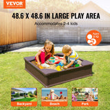 VEVOR Sandbox with Cover, 48.6x48.6x12.4 in Square Sand Box, HDPE Sand Pit with 4 Corner Seating and Bottom Liner, Kids Sandbox for Outdoor Backyard, Beach, Park, Gift for Boys Girls Ages 3-12, Brown - Front View
