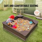 VEVOR Sandbox with Cover, 48.6x48.6x12.4 in Square Sand Box, HDPE Sand Pit with 4 Corner Seating and Bottom Liner, Kids Sandbox for Outdoor Backyard, Beach, Park, Gift for Boys Girls Ages 3-12, Brown - Side View