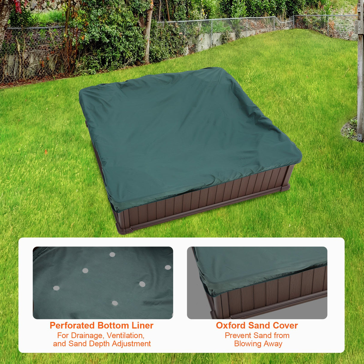 VEVOR Sandbox with Cover, 48.6x48.6x12.4 in Square Sand Box, HDPE Sand Pit with 4 Corner Seating and Bottom Liner, Kids Sandbox for Outdoor Backyard,