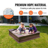 VEVOR Sandbox with Cover, 48.6x48.6x12.4 in Square Sand Box, HDPE Sand Pit with 4 Corner Seating and Bottom Liner, Kids Sandbox for Outdoor Backyard, Beach, Park, Gift for Boys Girls Ages 3-12, Brown - Rear View