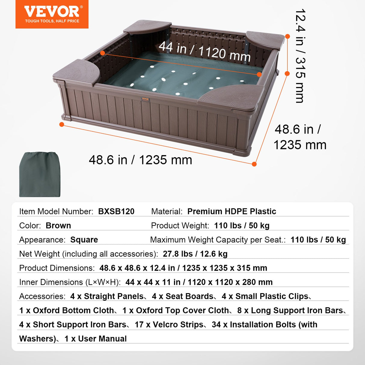 VEVOR Sandbox with Cover, 48.6x48.6x12.4 in Square Sand Box, HDPE Sand Pit with 4 Corner Seating and Bottom Liner, Kids Sandbox for Outdoor Backyard,