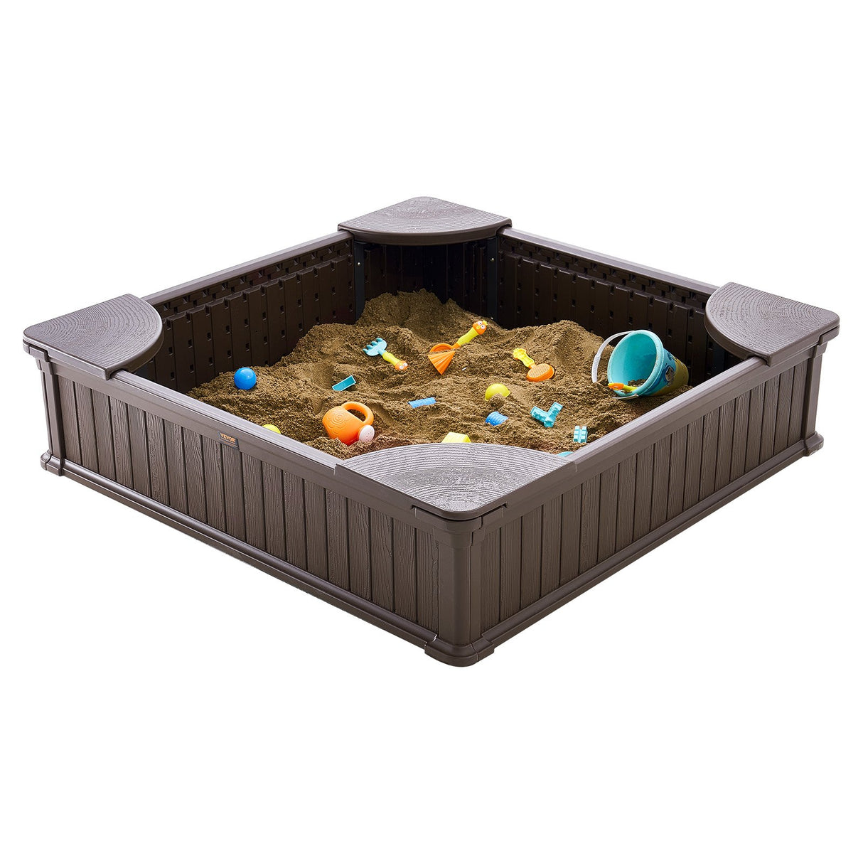 VEVOR Sandbox with Cover, 48.6x48.6x12.4 in Square Sand Box, HDPE Sand Pit with 4 Corner Seating and Bottom Liner, Kids Sandbox for Outdoor Backyard,