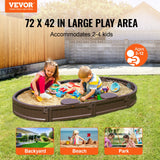 VEVOR Sandbox with Cover, 72 x 41.5 x 9.1 in Oval Sand Box, HDPE Sand Pit with 4 Corner Seating and Bottom Liner, Kids Sandbox for Outdoor Backyard, Beach, Park, Gift for Boys Girls Ages 3-12, Brown - Front View
