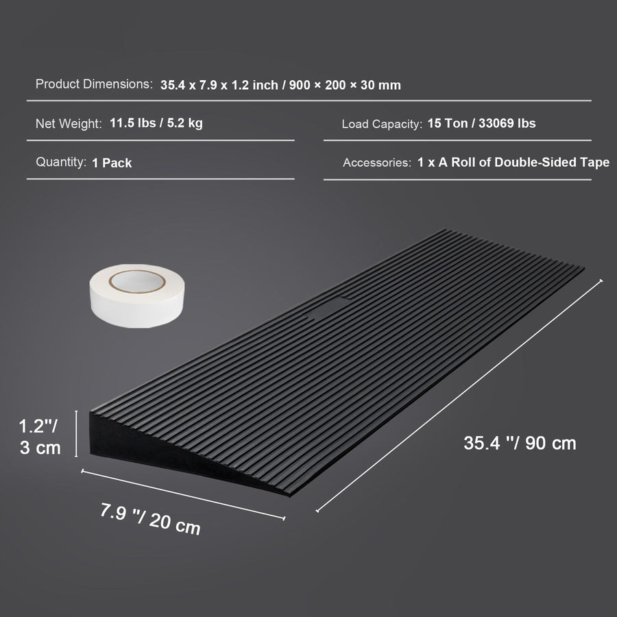 3 cm Rise Cuttable Threshold Ramp for Sweeping Robot, 90 cm Wide Natural Rubber Wheelchair Ramp, Non-Slip Solid Rubber Ramp with Double-Sided Tape for Doorways, Driveways, Bathroom, Smooth Tile