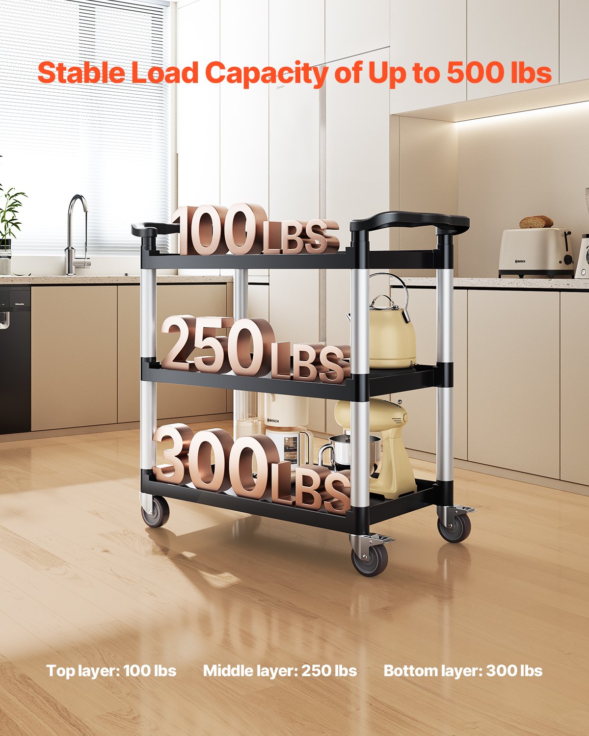 VEVOR Heavy Duty Utility Cart 500 lbs Capacity 3-tier Service Cart with Wheels