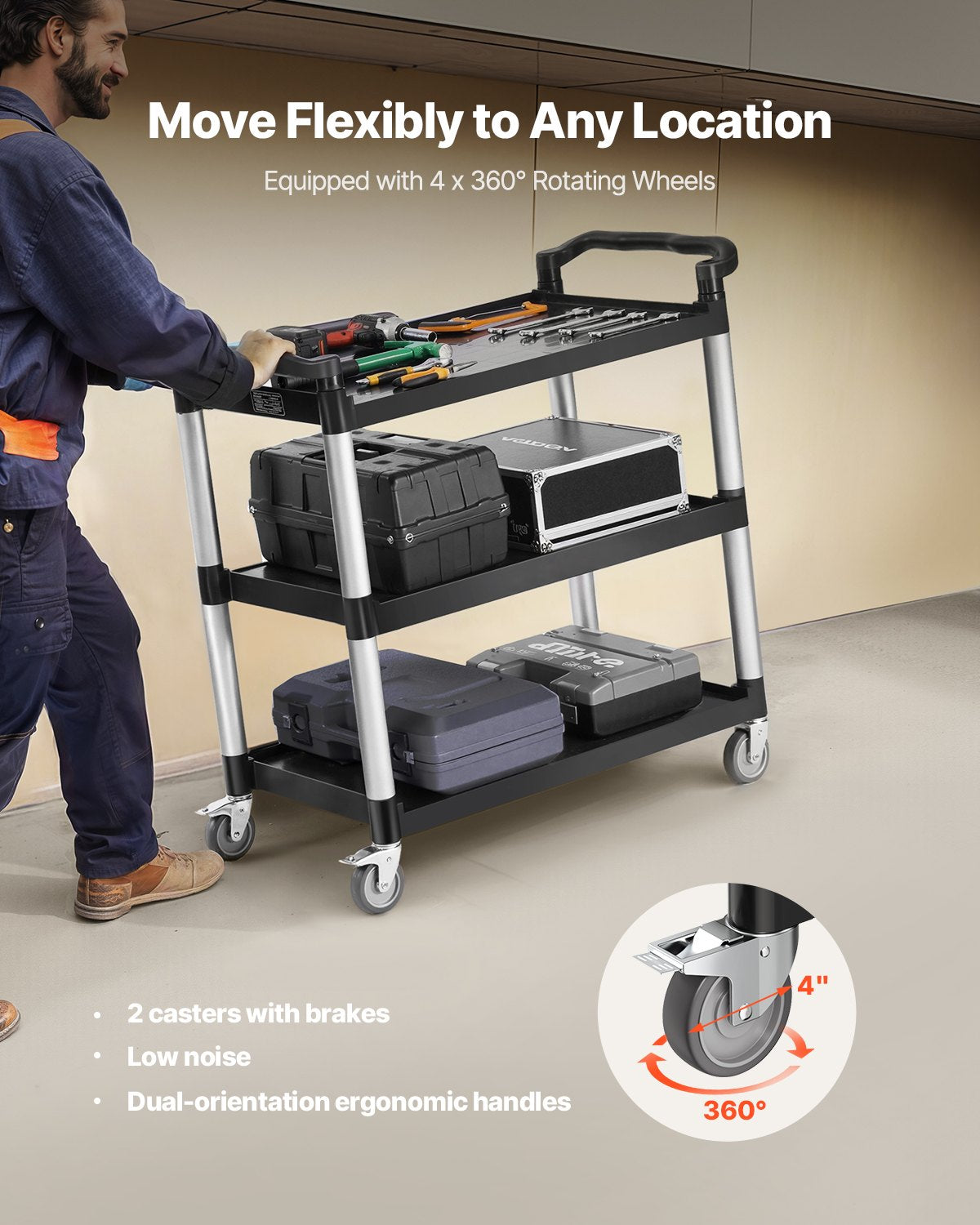 VEVOR Heavy Duty Utility Cart 500 lbs Capacity 3-tier Service Cart with Wheels