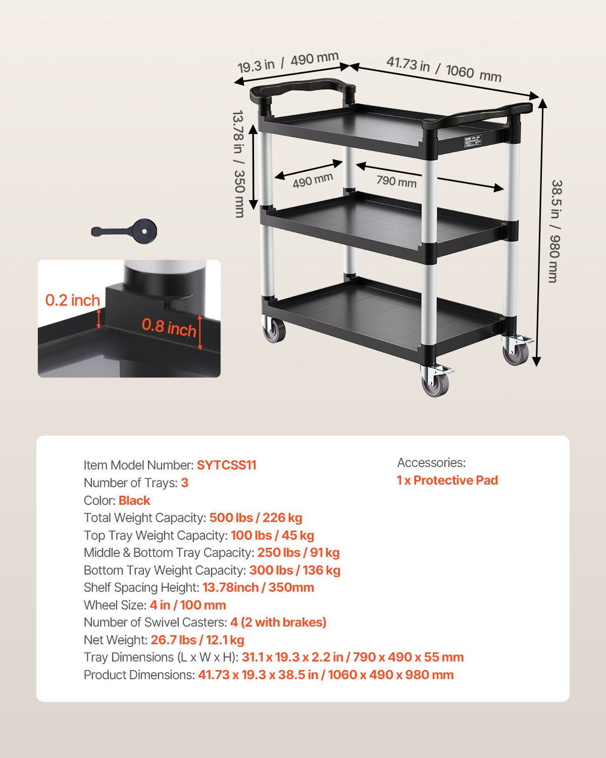VEVOR Heavy Duty Utility Cart 500 lbs Capacity 3-tier Service Cart with Wheels
