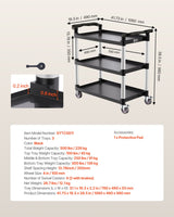 VEVOR Heavy Duty Utility Cart 500 lbs Capacity 3-tier Service Cart with Wheels - Close-Up Angle