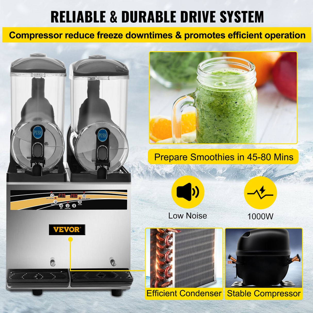 VEVOR Commercial Slush Machine Margarita Slush Maker 2x15L Frozen Drink Machine