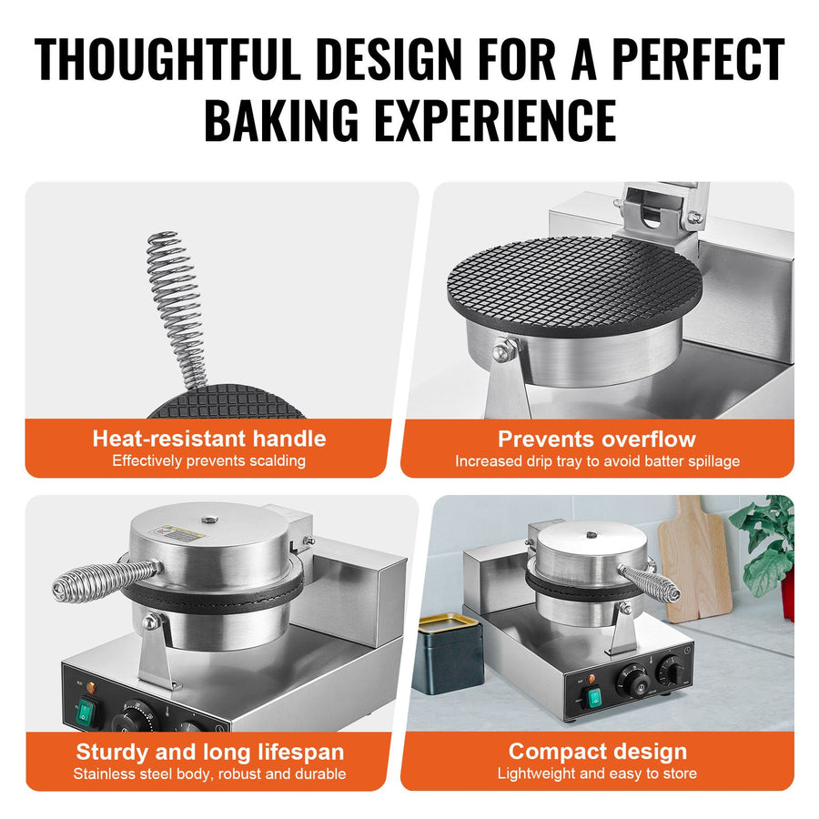 Electric Ice Cream Cone Maker, Commercial 1230W Waffle Cone Machine, Non-Stick Stainless Steel Egg Roll Mold, with Temperature and Time Control, Handle, for Restaurant Bakery Snack Bar Family