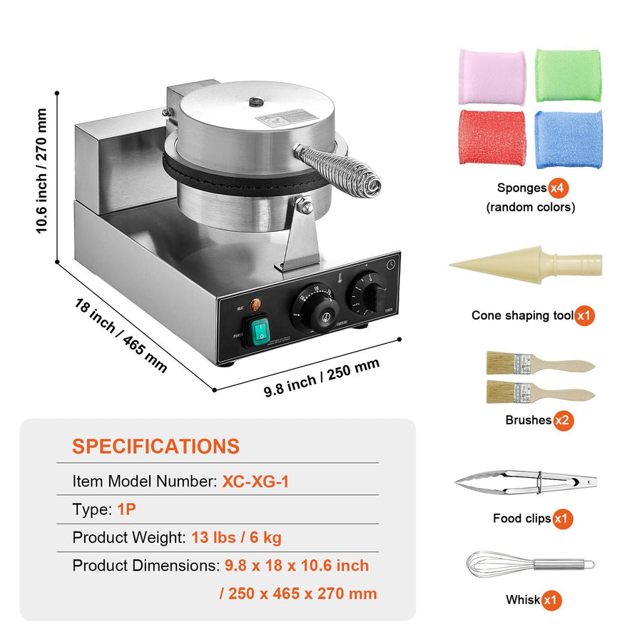 Electric Ice Cream Cone Maker, Commercial 1230W Waffle Cone Machine, Non-Stick Stainless Steel Egg Roll Mold, with Temperature and Time Control, Handle, for Restaurant Bakery Snack Bar Family