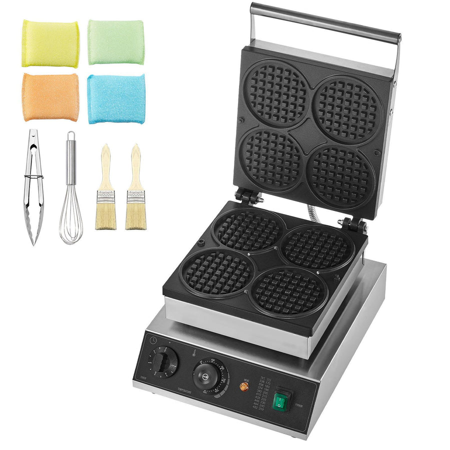 Commercial Waffle Maker, 4PCS Round Waffle Baker Machine,1750W Non-Stick Stainless Steel Belgian Waffle Iron with Temperature and Time Control, for Restaurant Bakery Snack Bar Family