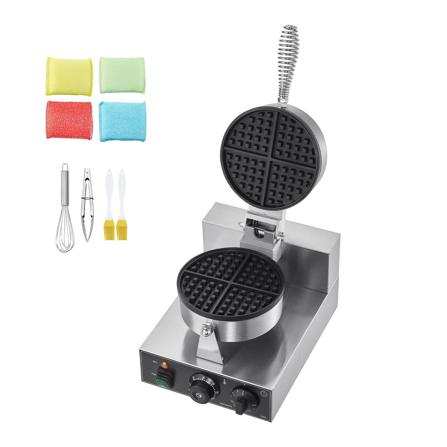 Commercial Waffle Maker, 1230W Round Waffle Baker Machine, Non-Stick Stainless Steel Belgian Waffle Iron with Temperature and Time Control, Handle, for Restaurant Bakery Snack Bar Family
