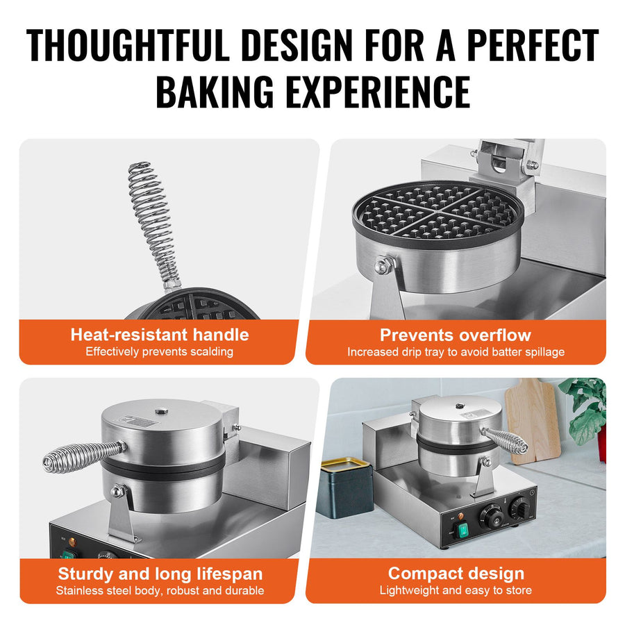 Commercial Waffle Maker, 1230W Round Waffle Baker Machine, Non-Stick Stainless Steel Belgian Waffle Iron with Temperature and Time Control, Handle, for Restaurant Bakery Snack Bar Family