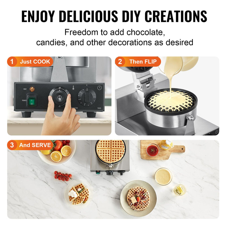 Commercial Waffle Maker, 1230W Round Waffle Baker Machine, Non-Stick Stainless Steel Belgian Waffle Iron with Temperature and Time Control, Handle, for Restaurant Bakery Snack Bar Family