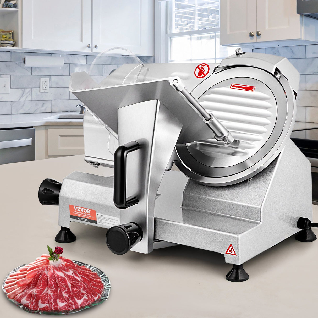VEVOR Commercial Meat Slicer, 200W Electric Deli Food Slicer, 350-400RPM Meat Slicer with 8" Carbon Steel Blade, 0 - 0.47 inch Adjustable Thickness