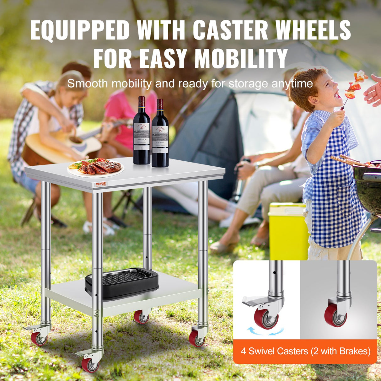 VEVOR Stainless Steel Work Table with Wheels 24 x 30 Prep Table with casters Heavy Duty Work Table f