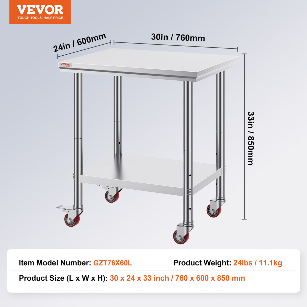 VEVOR Stainless Steel Work Table with Wheels 24 x 30 Prep Table with casters Heavy Duty Work Table f