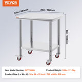 VEVOR Stainless Steel Work Table with Wheels 24 x 30 Prep Table with casters Heavy Duty Work Table f